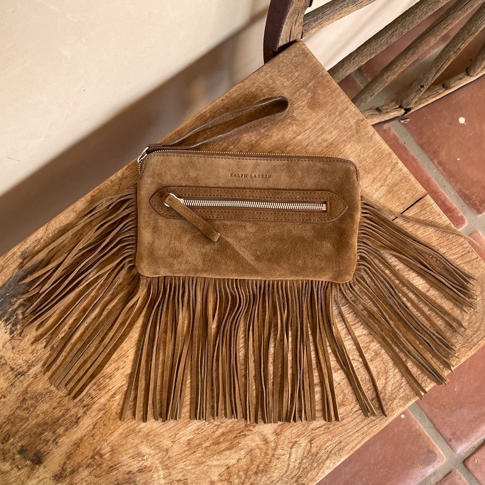 RALPH LAUREN Western Fringed Brown Suede Equestrian Clutch Wristlet Pockets NICE